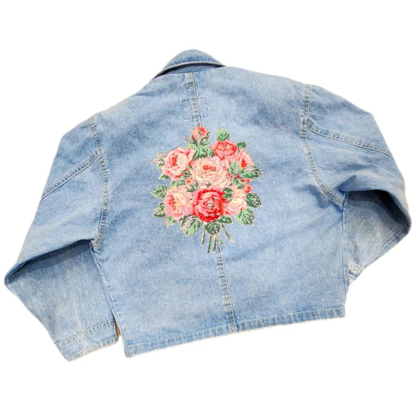 VINTAGE Y2K 80s LOGISTIX Floral Applicay Oversized  Crop Jean JACKET Women's M - Picture 2 of 5